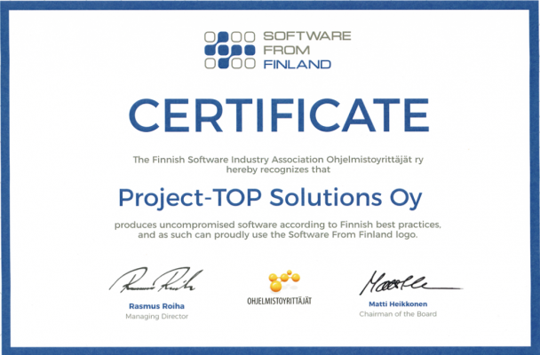 ProjectTOP testausohjelmisto sertificaatti software from finland